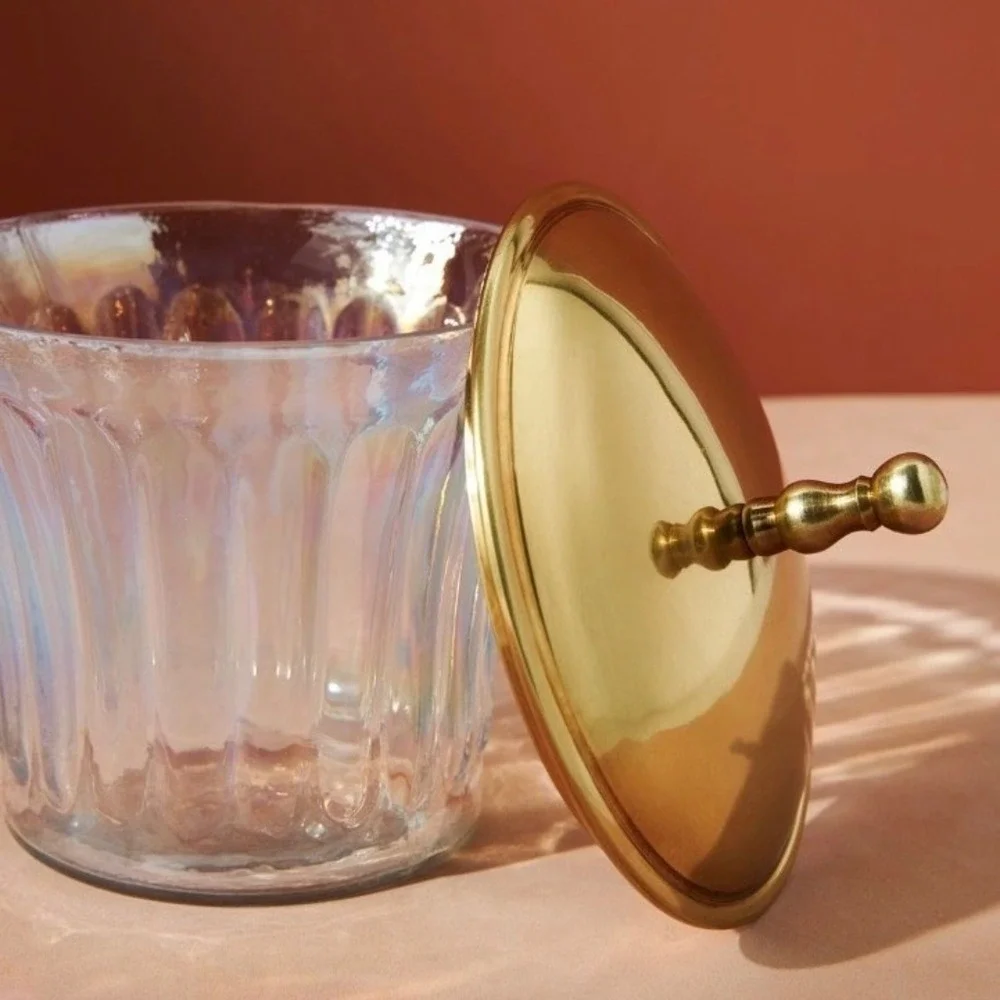 Anthropologie Lustrous Canister Iridescent Glass Gold‎ Lid 6.5